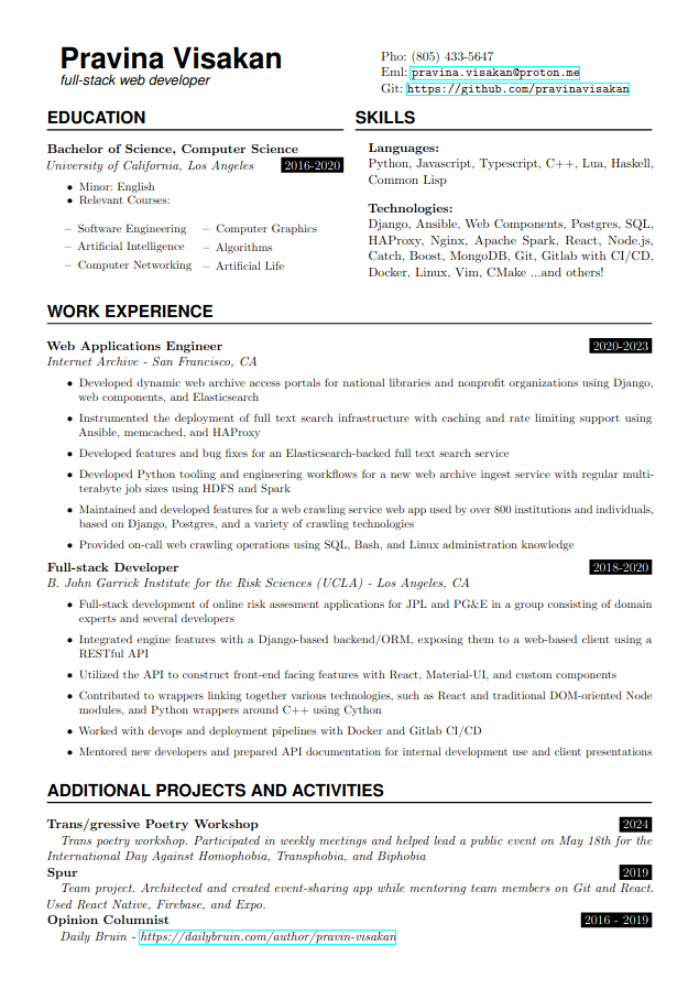 a picture of my resume. black and white text detailing my education, work experience, and misc projects